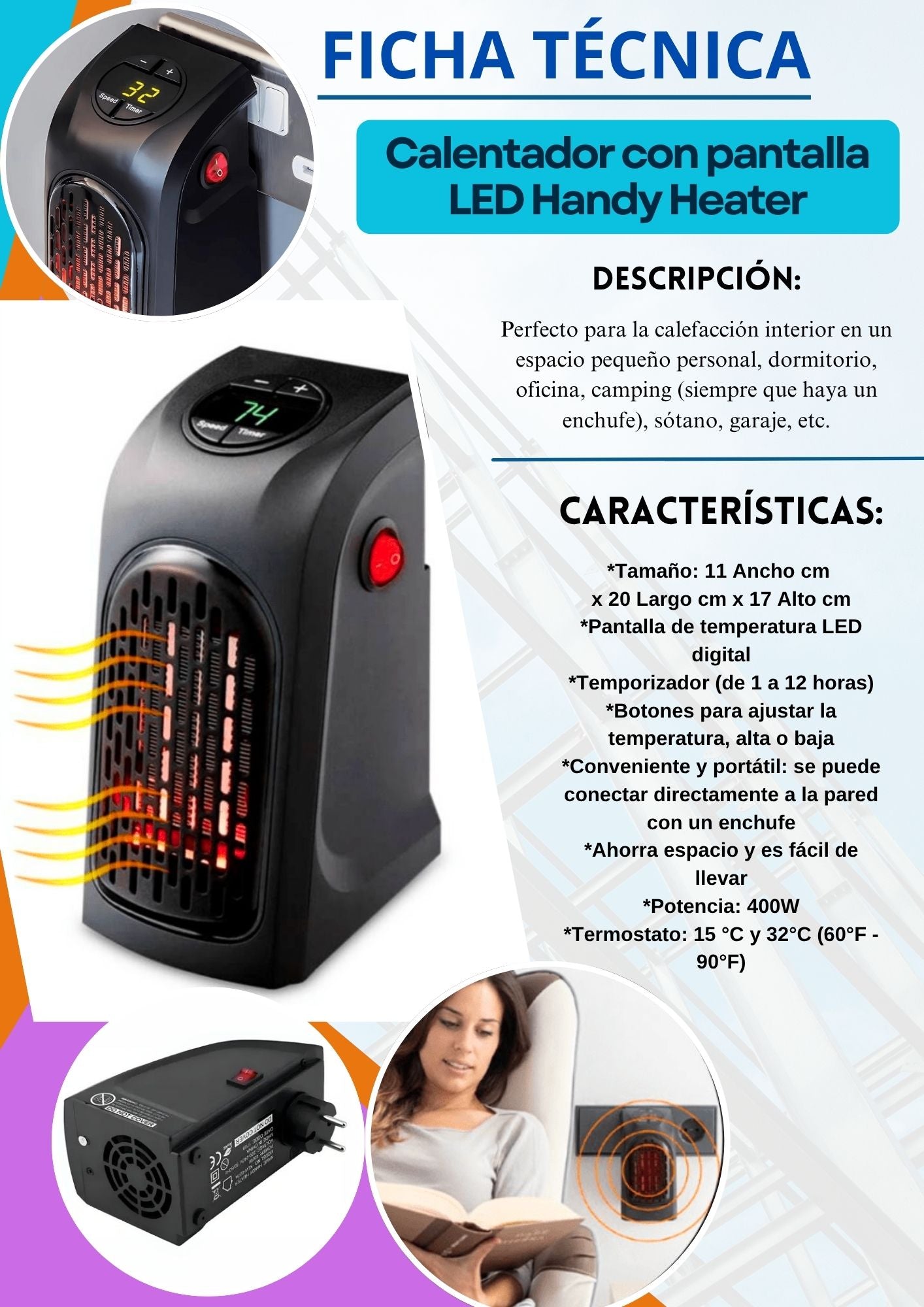 Calefactor de pantalla LED Handy Heater